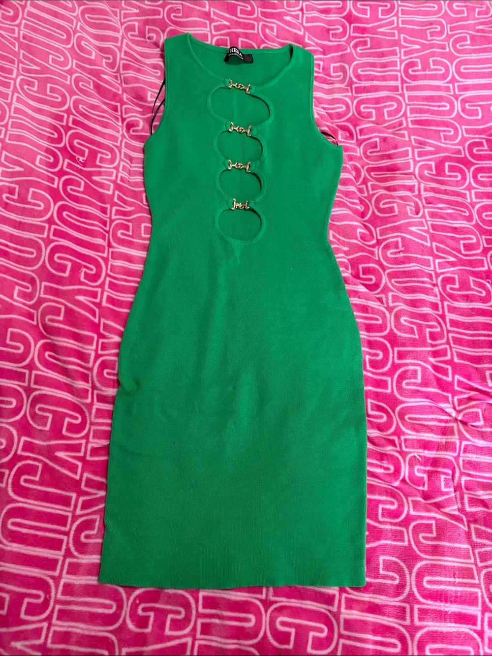 Hera Collection Emerald Green Sleeveless Cutout Midi Dress with Gold Hardware
